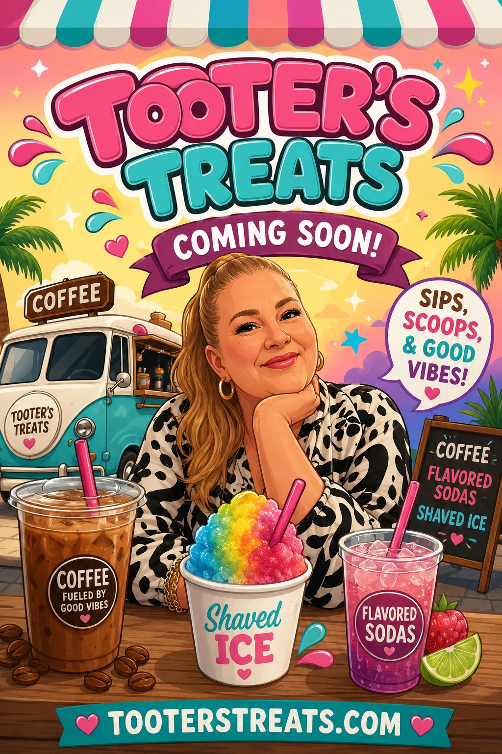 Colorful cartoon illustration for Tooter's Treats featuring coffee, flavored soda, and shaved ice